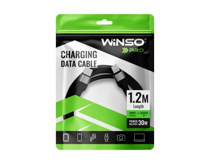 Кабель Winso Pro Type-C to Lightning 30W TPE+плетіння 1,2м чорний, ціна: 182 грн.