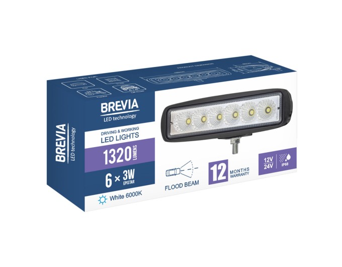 Фара светодиодная Brevia Epistar Flood 10-30V, 18W (6x3W), 1320Lm, 1шт, цена: 327 грн.