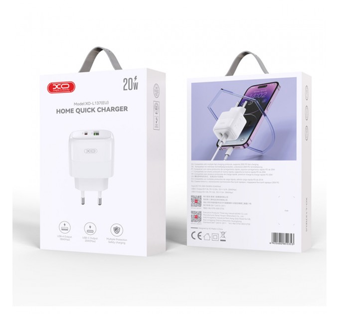 Сетевое зарядное устройство XO L137 PD20W/QC18W 1USB-A+1USB-C белый, цена: 199 грн.