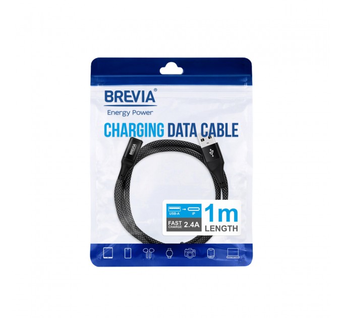 Кабель Brevia USB to Lightning 2,4А 1м, черный ZIP, цена: 143 грн.