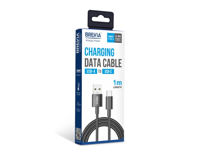 Кабель Brevia USB to Type-C 2,4А 1м, чорний box, ціна: 117 грн.