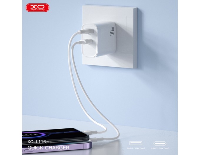 Сетевое зарядное устройство XO L116 PD30W/QC18W 1USB-C+1USB-A Type-C кабель белый, цена: 399 грн.