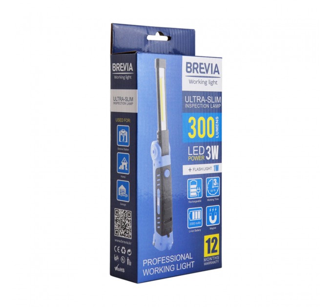 Фонарь инспекционный Brevia LED Ultra-slim 3W COB+1W LED 300lm, 2000mAh, microUSB, цена: 685 грн.