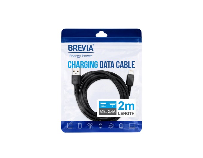 Кабель Brevia USB to Lightning 2,4A 2м, чорний ZIP, ціна: 110 грн.