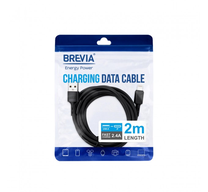 Кабель Brevia USB to Lightning 2,4A 2м, черный ZIP, цена: 108 грн.