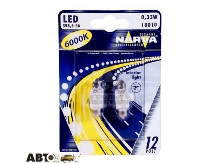 LED лампа Narva C5W 6000K 12V 0.35W SV8.5 18010 (2 шт.), цена: 266 грн.