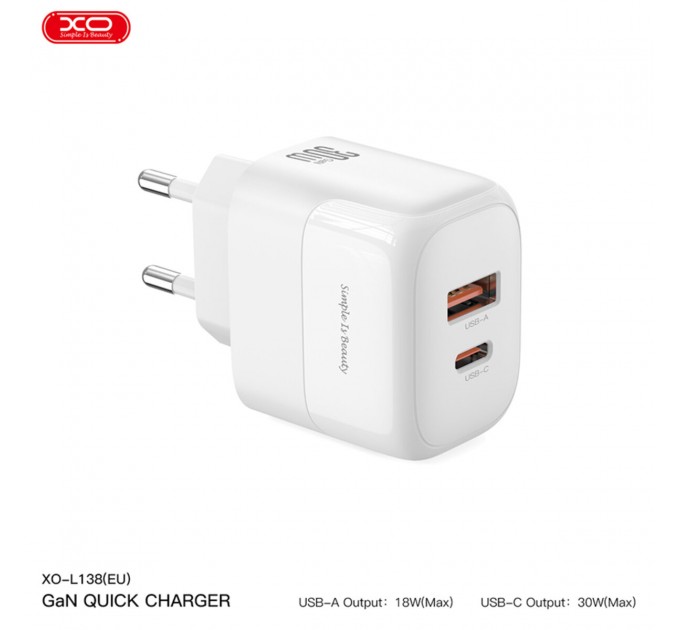 Сетевое зарядное устройство XO L138 PD30W/QC18W 1USB-A+1USB-C + Lightning кабель белый, цена: 399 грн.