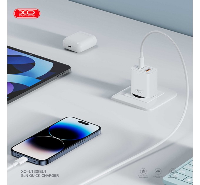 Сетевое зарядное устройство XO L130 PD30W/QC18W 1USB-C+1USB-A + Lightning кабель белый, цена: 359 грн.