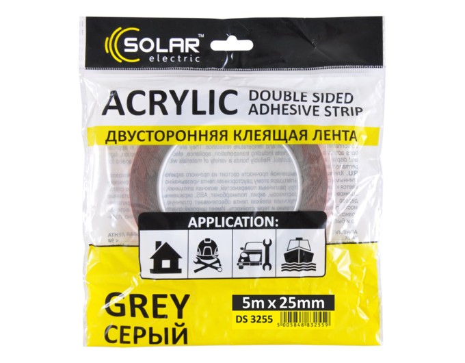 Стрічка клеюча двостороння Solar, ACRYLIC (VHB), сіра, 25ммx5м, ціна: 252 грн.