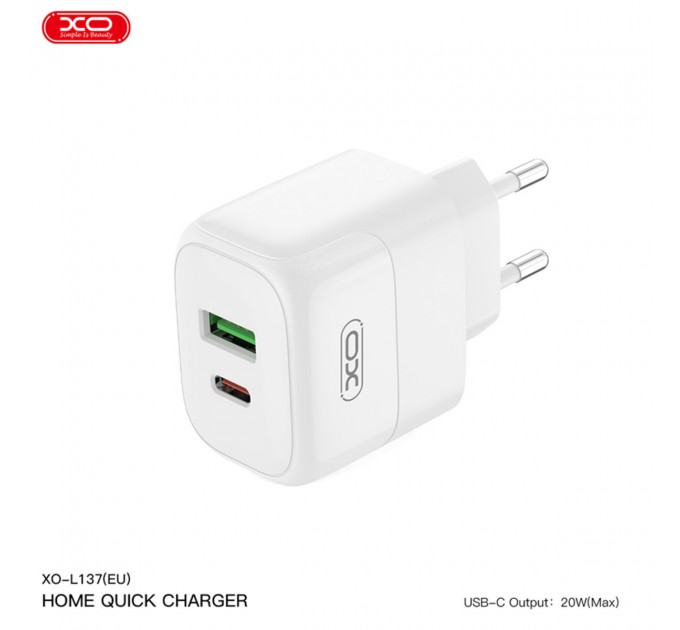 Сетевое зарядное устройство XO L137 PD20W/QC18W 1USB-A+1USB-C + Lightning кабель белый, цена: 269 грн.
