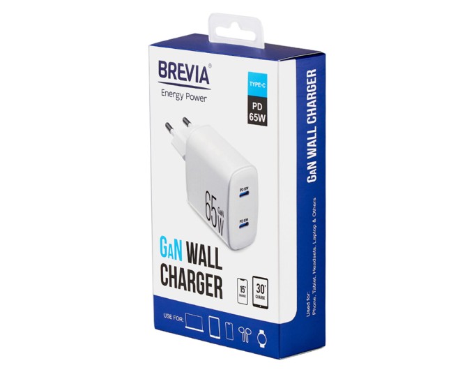 Сетевое зарядное устройство Brevia ePowerGaN PD65W 2xUSB-C белый, цена: 1 304 грн.