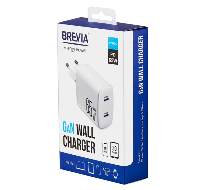 Сетевое зарядное устройство Brevia ePowerGaN PD65W 2xUSB-C белый, цена: 1 275 грн.