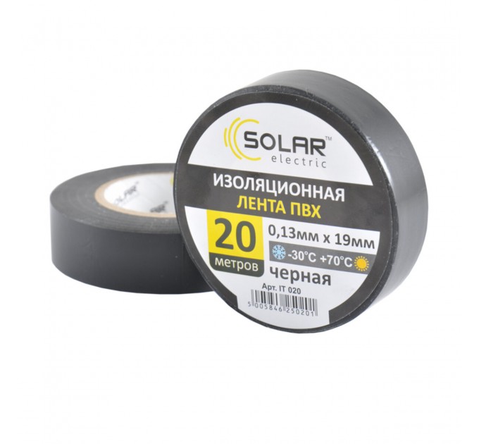 Лента изоляционная ПВХ Solar 20м, 0.13x19мм, черная, цена: 27 грн.
