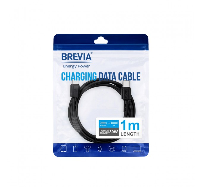 Кабель Brevia Type-C to Lightning 30W 1м, черный ZIP, цена: 164 грн.