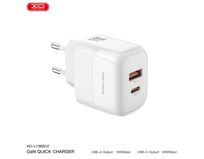 Сетевое зарядное устройство XO L138 PD30W/QC18W 1USB-A+1USB-C + Type-c кабель белый, цена: 419 грн.
