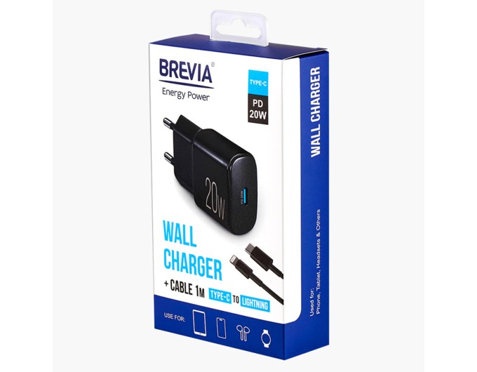 Сетевое зарядное устройство Brevia ePower PD20W + кабель USB-C to Lightning 1м черный, цена: 455 грн.