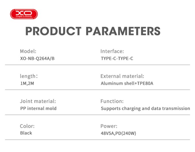 Кабель XO High Power Type-C to Type-C 240W 1м чорний, ціна: 279 грн.