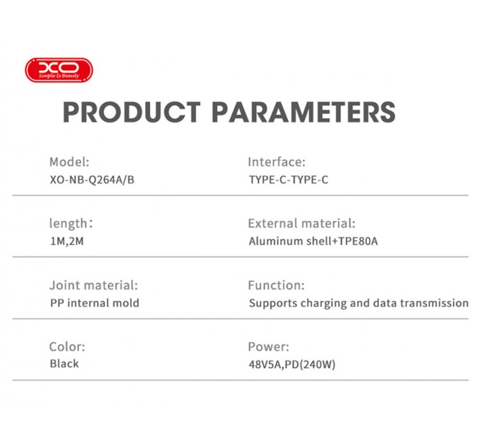 Кабель XO High Power Type-C to Type-C 240W 1м черный, цена: 249 грн.