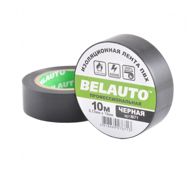 Лента изоляционная ПВХ Belauto 10м, 0.13x19мм, черная, проф., огнеупорная, цена: 15 грн.