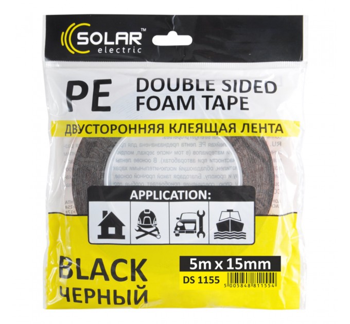 Стрічка клеюча двостороння Solar, PE, чорна, 15ммx5м, ціна: 18 грн.