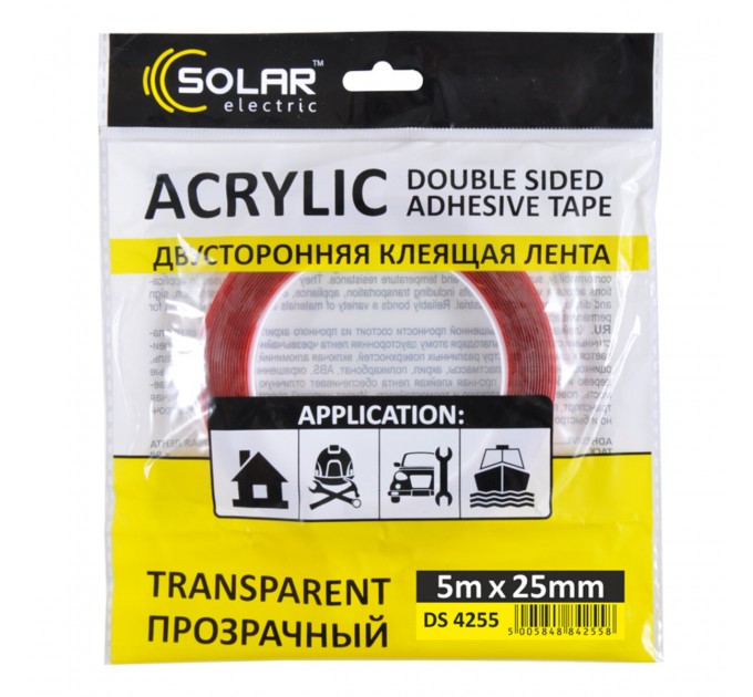 Лента клейкая двусторонняя Solar, ACRYLIC (VHB), прозрачная, 25ммx5м, цена: 209 грн.