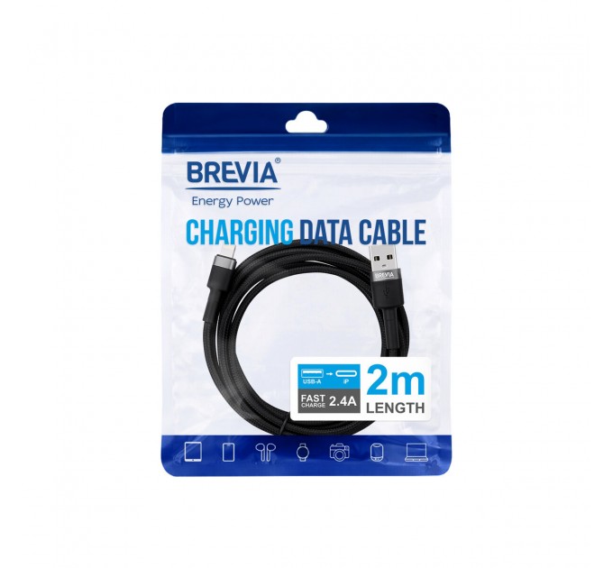 Кабель Brevia USB to Lightning 2,4А 2м, черный ZIP, цена: 194 грн.
