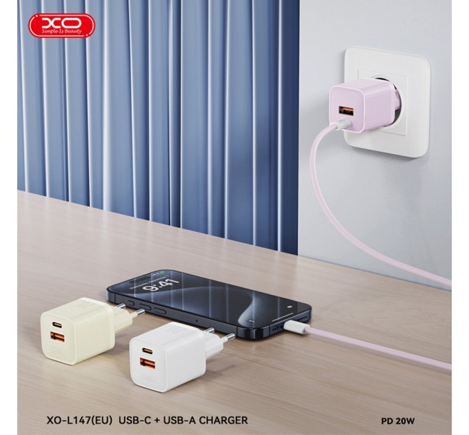 Сетевое зарядное устройство XO L147 PD20W 1USB-A+1USB-C Type-C кабель белый, цена: 239 грн.