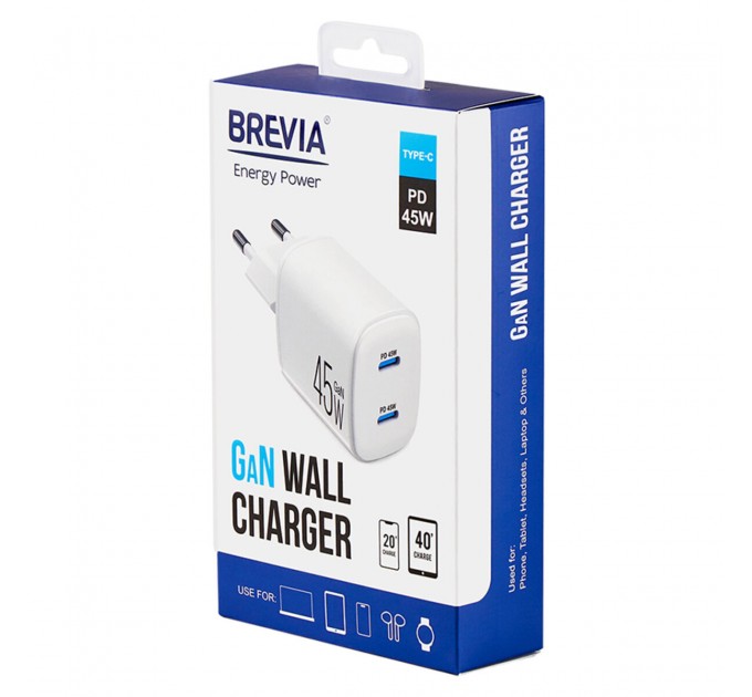 Сетевое зарядное устройство Brevia ePowerGaN PD45W 2xUSB-C белый, цена: 939 грн.