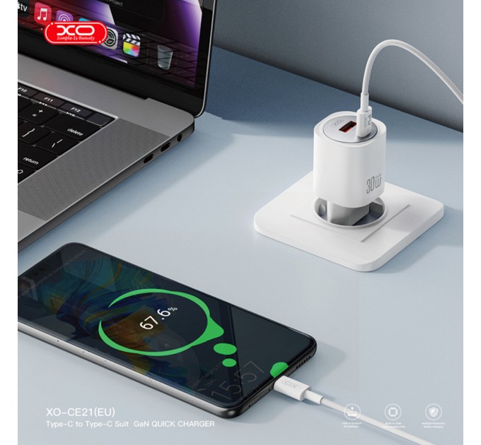 Сетевое зарядное устройство XO CE21 PD30W/PPS33W 1USB-A+1USB-C + Type-C кабель белый, цена: 449 грн.