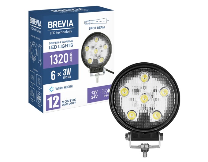 Фара светодиодная Brevia Epistar Spot 10-30V, 18W (6x3W), 1320Lm, 1шт, цена: 420 грн.