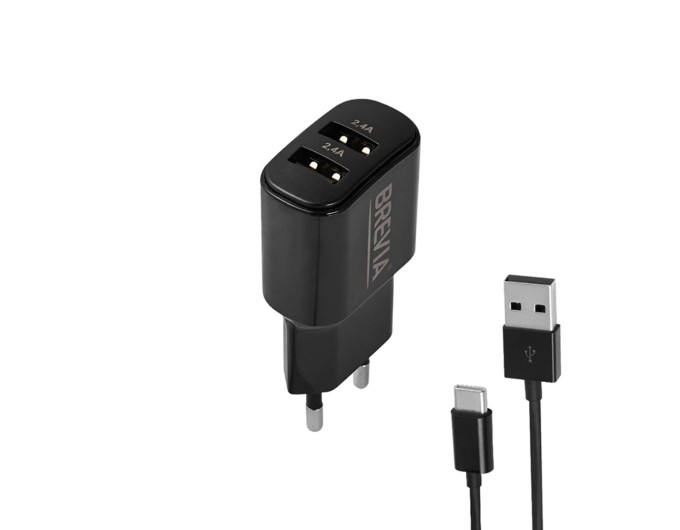 Сетевое зарядное устройство Brevia ePower 12W 2xUSB-A + кабель USB-A to USB-C 1м черный, цена: 326 грн.