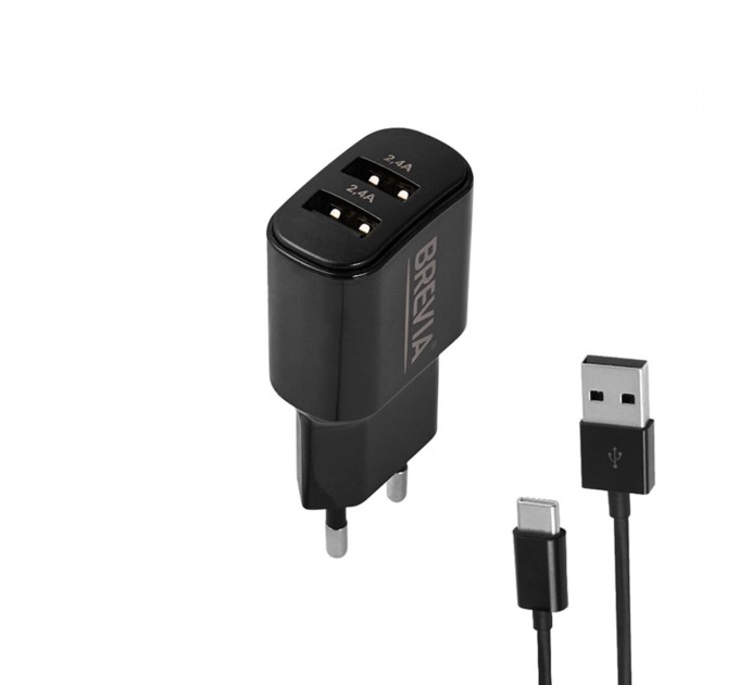 Сетевое зарядное устройство Brevia ePower 12W 2xUSB-A + кабель USB-A to USB-C 1м черный, цена: 319 грн.
