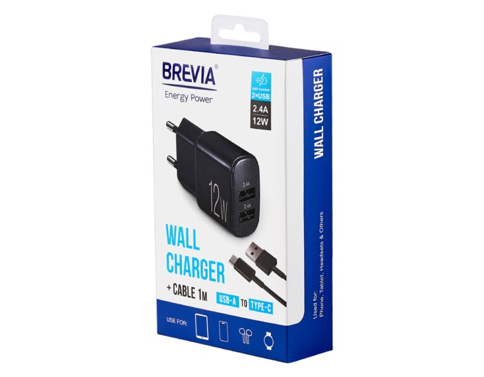 Сетевое зарядное устройство Brevia ePower 12W 2xUSB-A + кабель USB-A to USB-C 1м черный, цена: 326 грн.