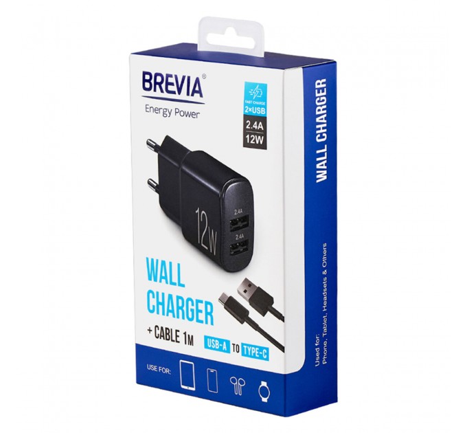 Сетевое зарядное устройство Brevia ePower 12W 2xUSB-A + кабель USB-A to USB-C 1м черный, цена: 319 грн.