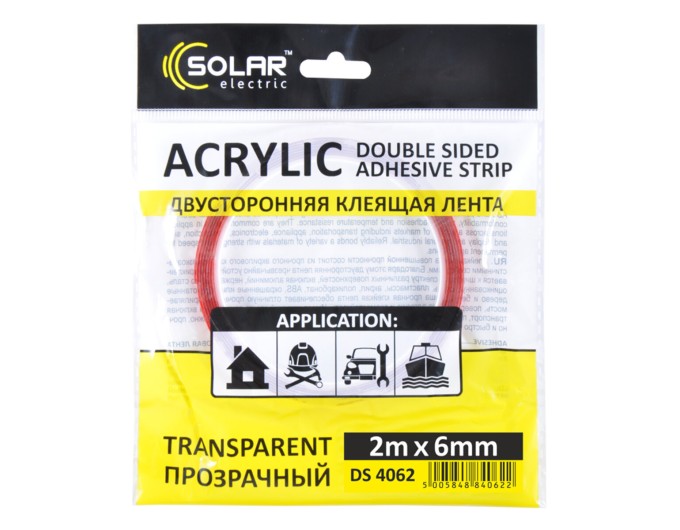 Стрічка клеюча двостороння Solar, ACRYLIC (VHB), прозора, 6ммx2м, ціна: 26 грн.