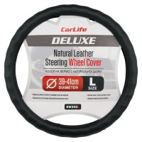 Чохол на кермо Carlife 39-41см, шкіра, чорний, біла гума, один шов SW342L