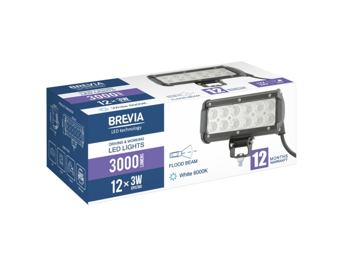 Фара светодиодная Brevia Cree Flood 10-30V, 36W (12x3W), 3000Lm, 1шт, цена: 661 грн.