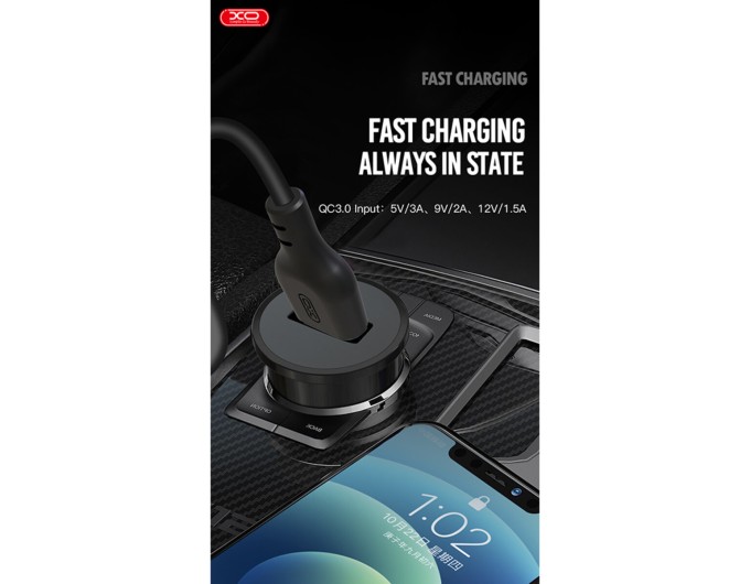 Автомобильное зарядное устройство XO TZ12 QC3.0 18W + Lightning кабель черный, цена: 189 грн.