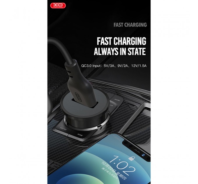 Автомобильное зарядное устройство XO TZ12 QC3.0 18W + Lightning кабель черный, цена: 169 грн.