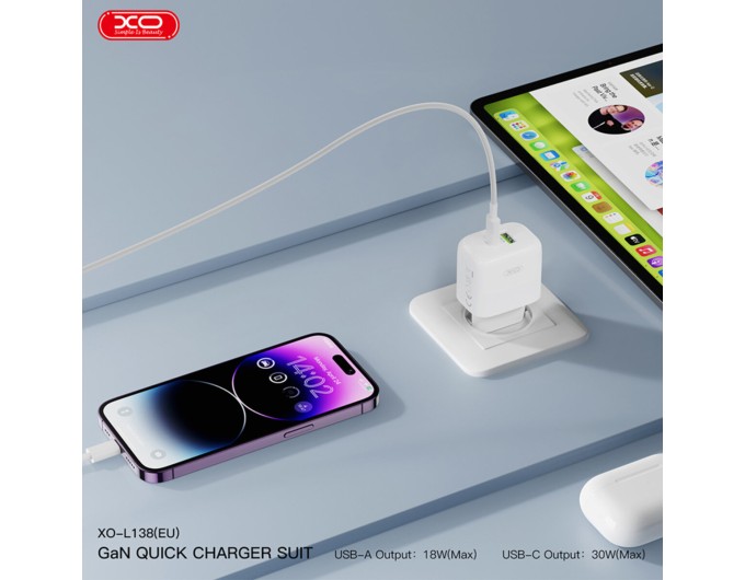 Сетевое зарядное устройство XO L138 PD30W/QC18W 1USB-A+1USB-C + Lightning кабель белый, цена: 439 грн.