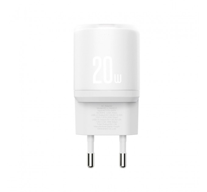Сетевое зарядное устройство XO L144 PD20W 1USB-A+1USB-C + Type C кабель белый, цена: 259 грн.