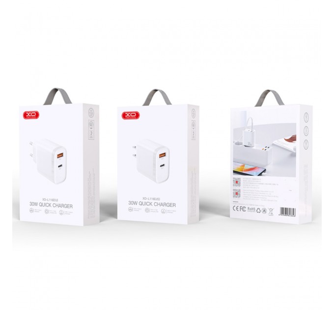 Сетевое зарядное устройство XO L116 PD30W/QC18W1USB-C+1USB-A белый, цена: 249 грн.