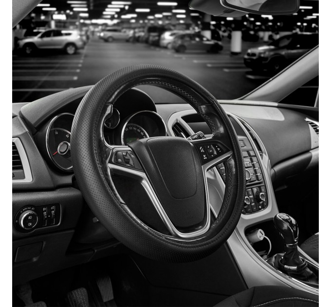 Чохол на кермо Carlife 37-39см, шкіра, чорний, біла гума, один шов, перфорований SW341M, ціна: 604 грн.