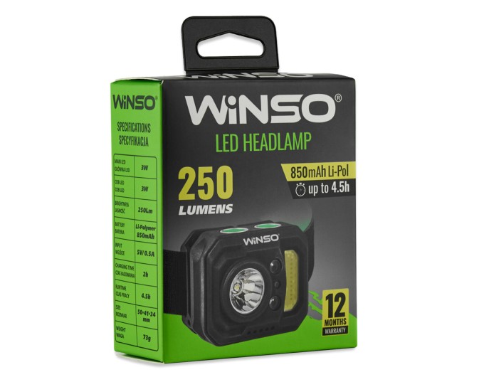 Фонарь налобный Winso 250Lm, 3W XPE+3W COB, 850mAh, с сенсором белый/красный, цена: 503 грн.