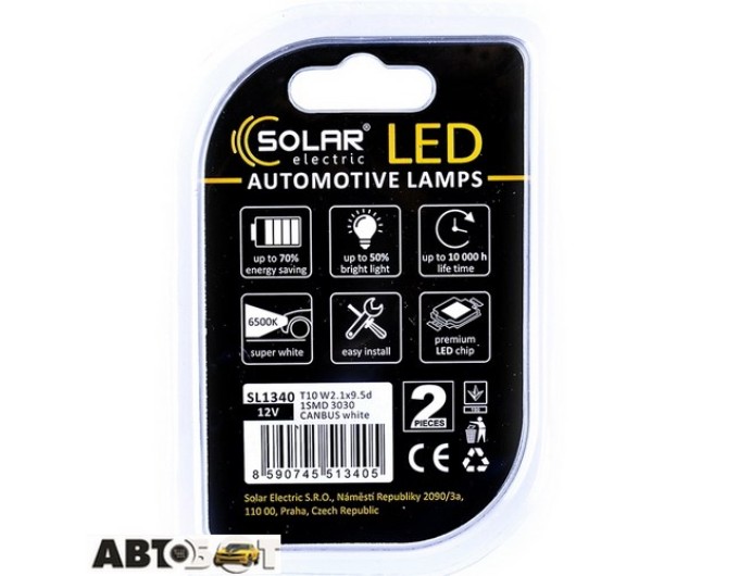LED лампа SOLAR T10 W2.1x9.5d 12V 1SMD 3030 CANBUS white SL1340 (2 шт.), ціна: 78 грн.