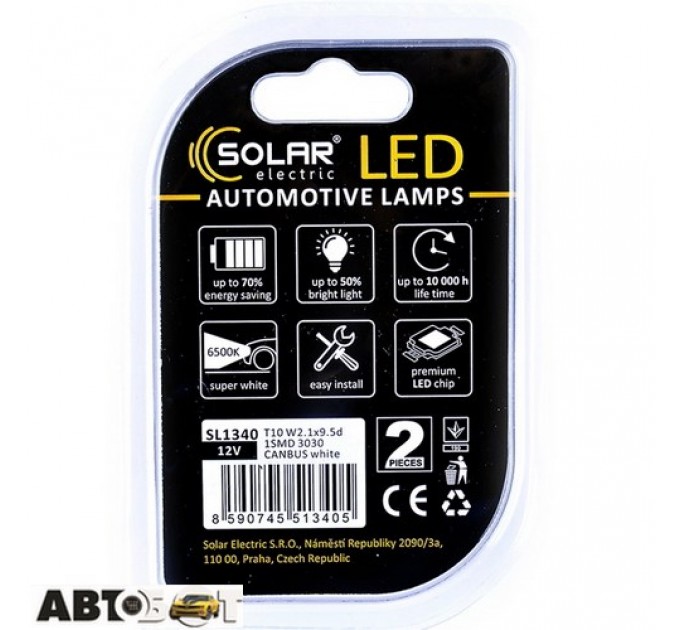 LED лампа SOLAR T10 W2.1x9.5d 12V 1SMD 3030 CANBUS white SL1340 (2 шт.), цена: 66 грн.
