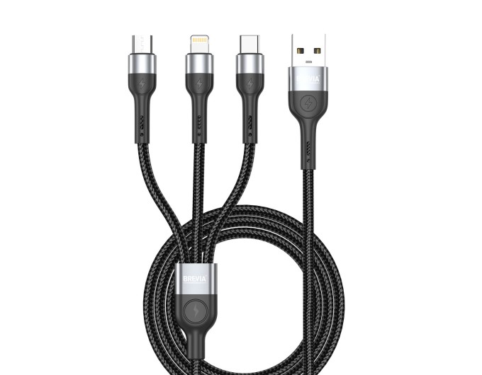Кабель Brevia 3in1 USB to Lightning+Micro+Type-C 3A 1,2м, чорний, ціна: 290 грн.