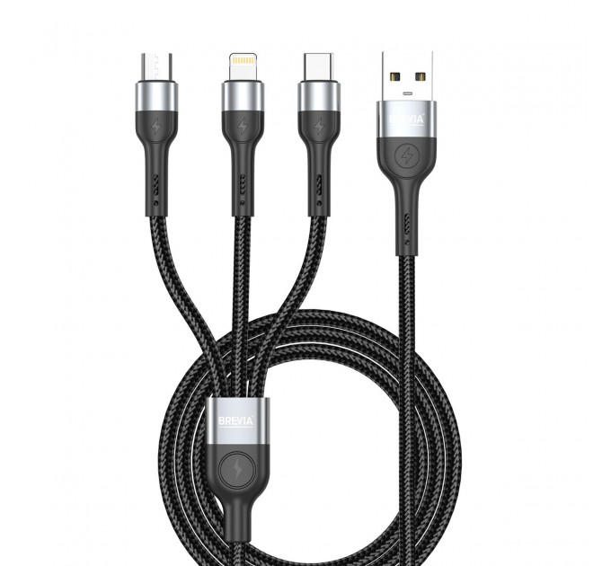 Кабель Brevia 3in1 USB to Lightning+Micro+Type-C 3A 1,2м, черный, цена: 284 грн.
