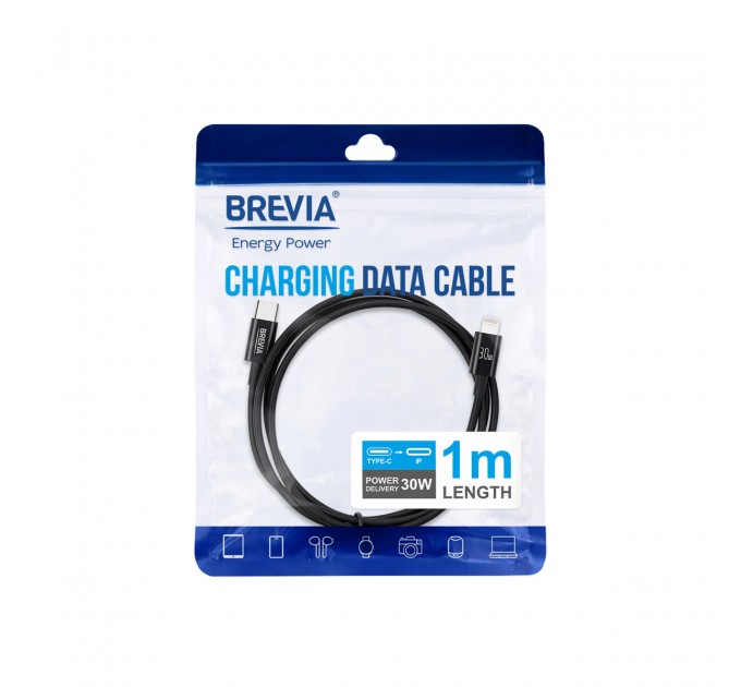 Кабель Brevia Type-C to Lightning 30W 1м, черный ZIP, цена: 178 грн.