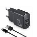Сетевое зарядное устройство Brevia ePower 12W 2xUSB-A + кабель USB-A to USB-C 1м черный, цена: 326 грн.